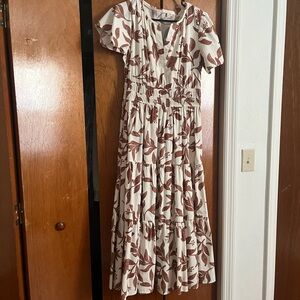 Women's Cream Maxi Dress with Brown Leaf Print